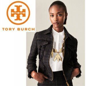 Tory Burch Black Bouclé Tweed Blazer Zip Lady Like Size 12 Fringe Detail Jacket